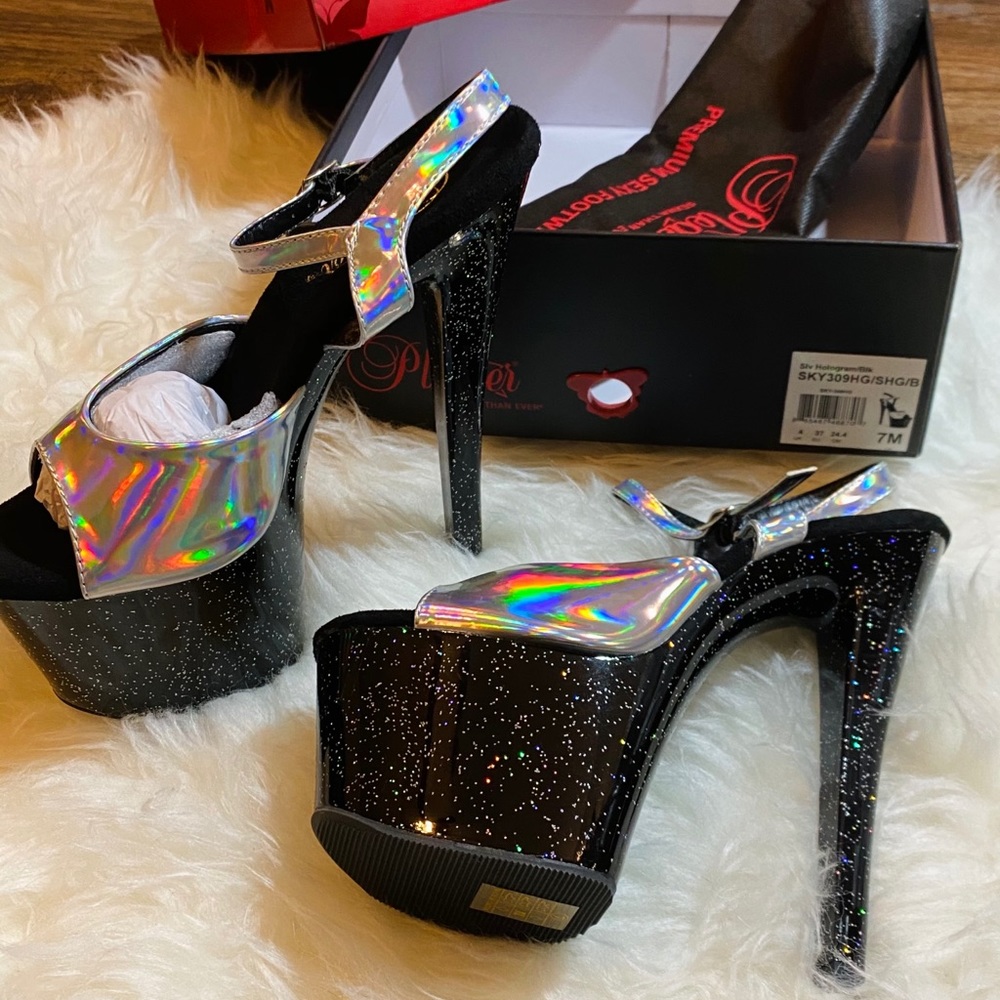 NEW Pleaser Holographic Black and Silver 7” Heels
